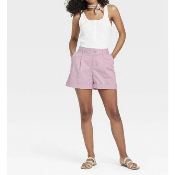 Cuffed Pleat Front Purple Shorts A New Day S Stretchy Comfort Waist Casual Fit - Picture 3 of 8